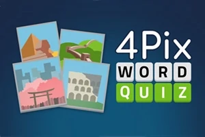 Fire ikoniske strukturer og landskaber kombineret med teksten 4Pix Word Quiz på en blå baggrund