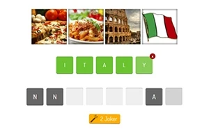 Fire billeder af pizza, pasta, Colosseum og det italienske flag over ordet ITALY dannet af grønne bogstaver