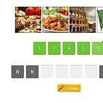 Fire billeder af pizza, pasta, Colosseum og det italienske flag over ordet ITALY dannet af grønne bogstaver