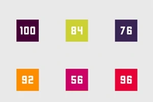 Seks farvede firkanter med tal i midten arrangeret i et gitter, mod en neutral baggrund