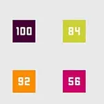 Seks farvede firkanter med tal i midten arrangeret i et gitter, mod en neutral baggrund