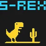 Gul pixel-dinosaur ved siden af en kaktus med teksten S-REX ovenfor på sort baggrund
