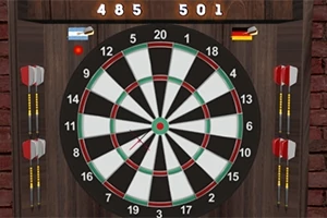 En dartskive med sorte, hvide, grønne og røde felter hængende på en murstensvæg med pointscore 485 og 501 vist øverst