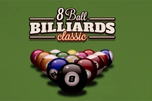 Teksten 8 Ball Billiards Classic over en opstilling af billiardkugler på en grøn baggrund