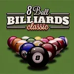 Teksten 8 Ball Billiards Classic over en opstilling af billiardkugler på en grøn baggrund