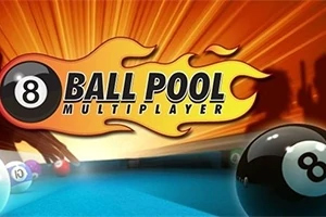 Et billiardbord med en sort 8-ball og teksten Ball Pool Multiplayer med ildflammer i baggrunden