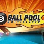 Et billiardbord med en sort 8-ball og teksten Ball Pool Multiplayer med ildflammer i baggrunden