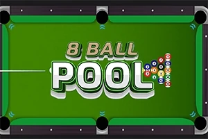 Grønt biljardbord med teksten 8 Ball Pool og en formation af farvede kugler til højre