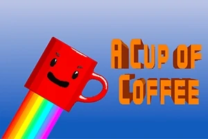 En rød kop med et smilende ansigt flyver med en regnbue baggrund ved siden af teksten A CUP OF COFFEE