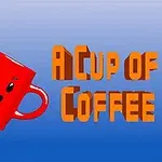 En rød kop med et smilende ansigt flyver med en regnbue baggrund ved siden af teksten A CUP OF COFFEE
