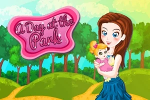 Tegning af en kvinde med en baby i armene foran en farverig skovbaggrund med teksten A Day at the Park