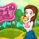 Tegning af en kvinde med en baby i armene foran en farverig skovbaggrund med teksten A Day at the Park