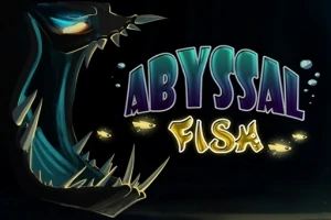 En stor, mørk havdyr med skarpe tænder og lysende øjne ved siden af teksten Abyssal Fish