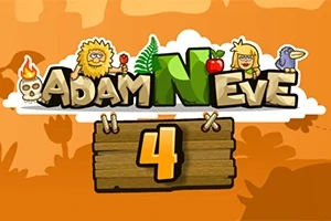 Titelgrafik med animerede figurer, herunder en mand, en kvinde, en dødningehoved, en papegøje og en blomst over teksten Adam N Eve 4 mod en orange baggrund