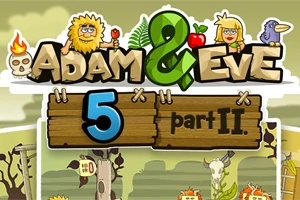 Tegneserieagtig illustration med to figurer, en mand og en kvinde, samt titlen Adam & Eve 5 part II i rustik tekst med en farverig baggrund