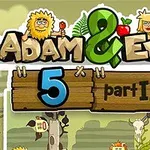 Tegneserieagtig illustration med to figurer, en mand og en kvinde, samt titlen Adam & Eve 5 part II i rustik tekst med en farverig baggrund
