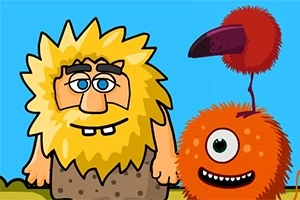 En tegneseriefigur med stort gult hår og skæg står ved siden af en enøjet orange skabning med en lilla næb-lignende top mod en blå baggrund