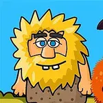 En tegneseriefigur med stort gult hår og skæg står ved siden af en enøjet orange skabning med en lilla næb-lignende top mod en blå baggrund