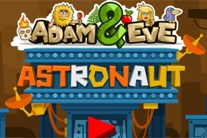 Tegneserieillustration med titlen Adam & Eve: Astronaut med farverige bogstaver og figurer, herunder en mand med skæg, en kvinde, en papegøje og et dødningehoved
