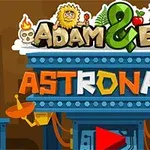Tegneserieillustration med titlen Adam & Eve: Astronaut med farverige bogstaver og figurer, herunder en mand med skæg, en kvinde, en papegøje og et dødningehoved