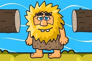 En tegneseriefigur med busket gul hår og brun klædedragt står mellem to træstammer mod en blå baggrund med lige linjer