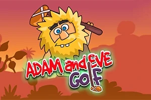 Tegnet figur med vildt hår og kølle over skulderen mod solnedgangsbaggrund med teksten Adam and Eve Golf