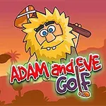 Tegnet figur med vildt hår og kølle over skulderen mod solnedgangsbaggrund med teksten Adam and Eve Golf