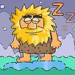 En tegneserieagtig hulemenneske med vildt gult hår sover stående på en isflage med snefnug og zzz-symbolet omkring sig