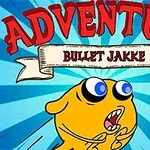 En gul, tegneserieagtig karakter med store øjne og en åbentstående mund, der bevæger sig fremad mod en blåstribet baggrund med teksten ADVENTURE BULLET JAKKE øverst