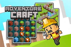En karikaturagtig figur iført gul hjelm ses ved siden af farverige, bloklignende grafik med teksten Adventure Craft