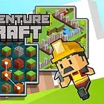 En karikaturagtig figur iført gul hjelm ses ved siden af farverige, bloklignende grafik med teksten Adventure Craft