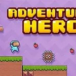 En blå figur hopper i et platformspil med græs, jordblokke, jordbær og en spids fælde under teksten ADVENTURE HERD på en lilla baggrund