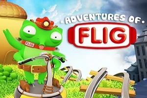 En grøn tegneseriefigur med store øjne står på en scooter med en farverig baggrund, og teksten Adventures of Flig ses øverst