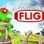 En grøn tegneseriefigur med store øjne står på en scooter med en farverig baggrund, og teksten Adventures of Flig ses øverst