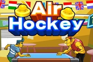 To personer spiller airhockey ved et bord i en farverig hal med forskellige flag i baggrunden