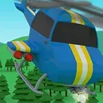 Blå helikopter med gule striber flyver over en skov
