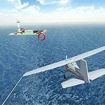 Et mindre fly flyver over havet med en ø i baggrunden, hvor der kan ses et fyrtårn