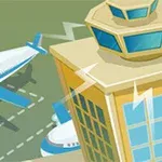 Illustration af et kontroltårn ved en lufthavn med to flyvemaskiner på landingsbanen