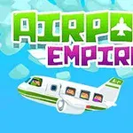 Fly med passagerer i et tegneserieagtigt design svæver under teksten Airport Empire på en blå baggrund med skyer