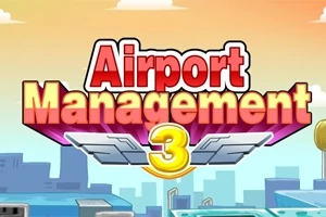 Farverig titel med teksten Airport Management 3 mod en bysilhuet i baggrunden