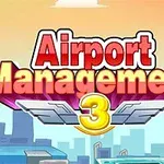 Farverig titel med teksten Airport Management 3 mod en bysilhuet i baggrunden