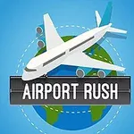 Et hvidt fly svæver over en jordklode med blå baggrund og teksten Airport Rush nedenfor