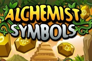 Teksten ALCHEMIST SYMBOLS omgivet af grønne vinstokke og gyldne sekskantede symboler mod en baggrund med et tempel og bjerge