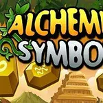 Teksten ALCHEMIST SYMBOLS omgivet af grønne vinstokke og gyldne sekskantede symboler mod en baggrund med et tempel og bjerge