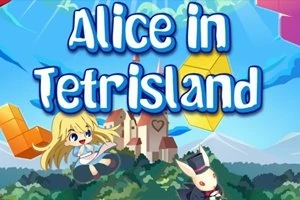 Tegneseriefigur af en pige og hvid kanin foran et slot med farverige blokke på himlen og teksten Alice in Tetrisland