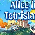 Tegneseriefigur af en pige og hvid kanin foran et slot med farverige blokke på himlen og teksten Alice in Tetrisland