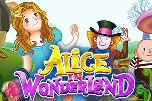 En tegnet scene med fantasifigurer, herunder en pige med lyst hår i lyseblå kjole og en mand med høj hat, med teksten Alice in Wonderland i farverige bogstaver