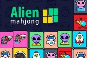 Farverigt skærmbillede med illustrationer af rumvæsener, rumraketter og futuristiske våben arrangeret i et gitter