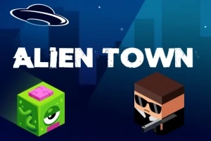 En grøn alien-klodsefigur og en mandlig figur med solbriller og en pistol, med en UFO i baggrunden og teksten ALIEN TOWN i hvid