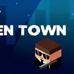 En grøn alien-klodsefigur og en mandlig figur med solbriller og en pistol, med en UFO i baggrunden og teksten ALIEN TOWN i hvid